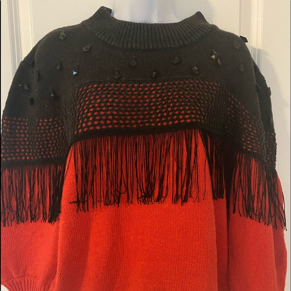 Vintage 1989 Bonnie and Bill by Holly Cowlneck Sweater with Fringe & Gems